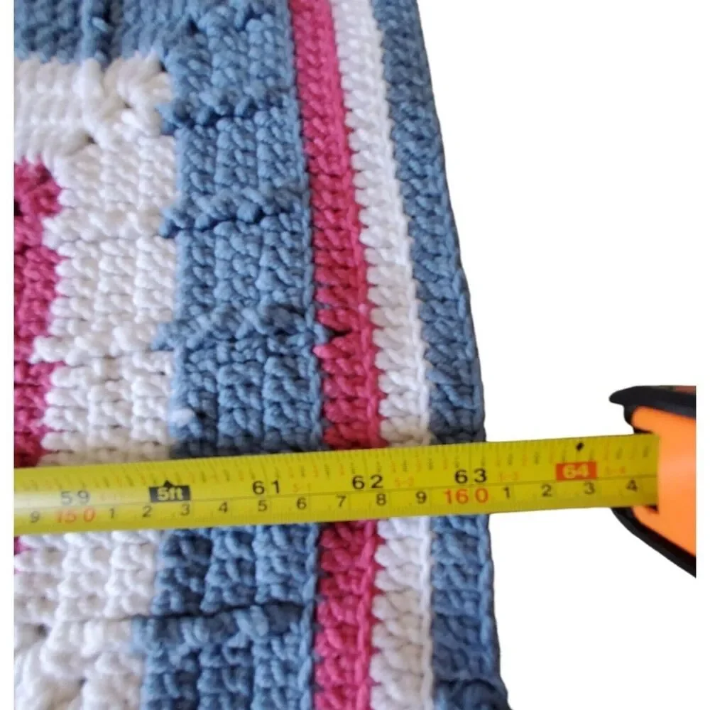 Afghan Crotched Handmade Blue Pink White Size 74.75"L x 63"W Full or Double - Picture 4 of 5
